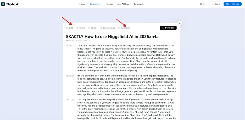 Editing & Speaker Recognition Feature on Clipto AI
