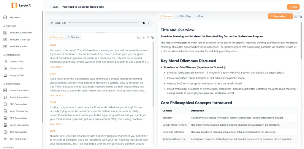Saveto AI audio-to-text interface showing transcription, timestamps, and structured summaries in a clean dashboard layout.