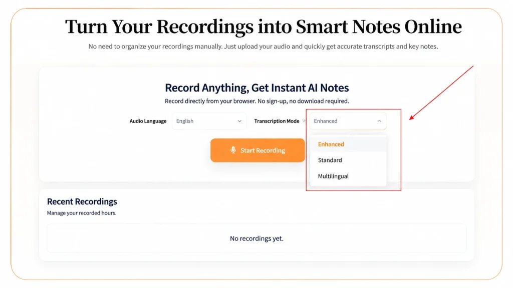 Saveto AI's free AI note taker interface showing three transcription modes
