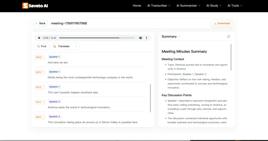 Open Saveto AI's AI Meeting Note Taker and start recording