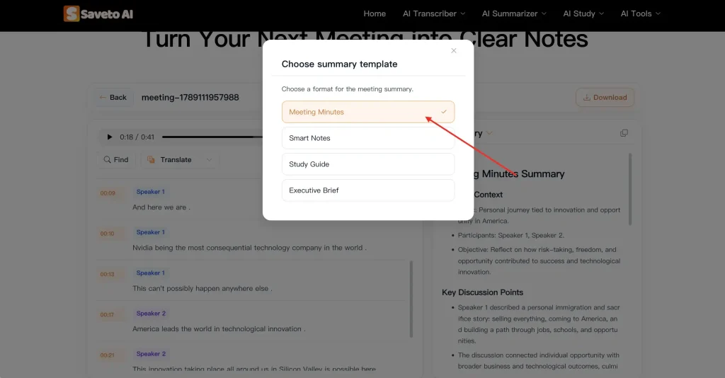 Download the Transcript or generate a meeting summary