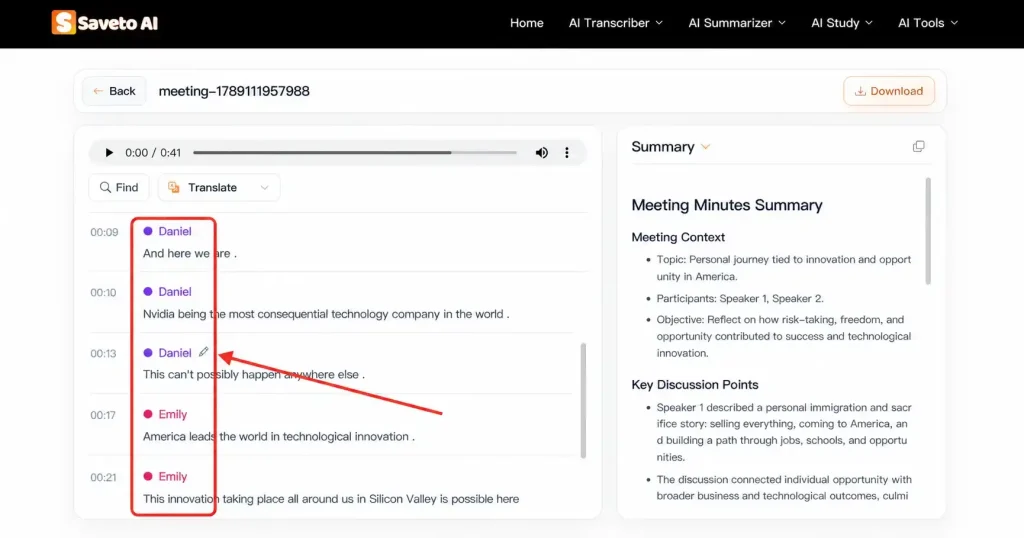 Check the Transcript and edit the speaker names